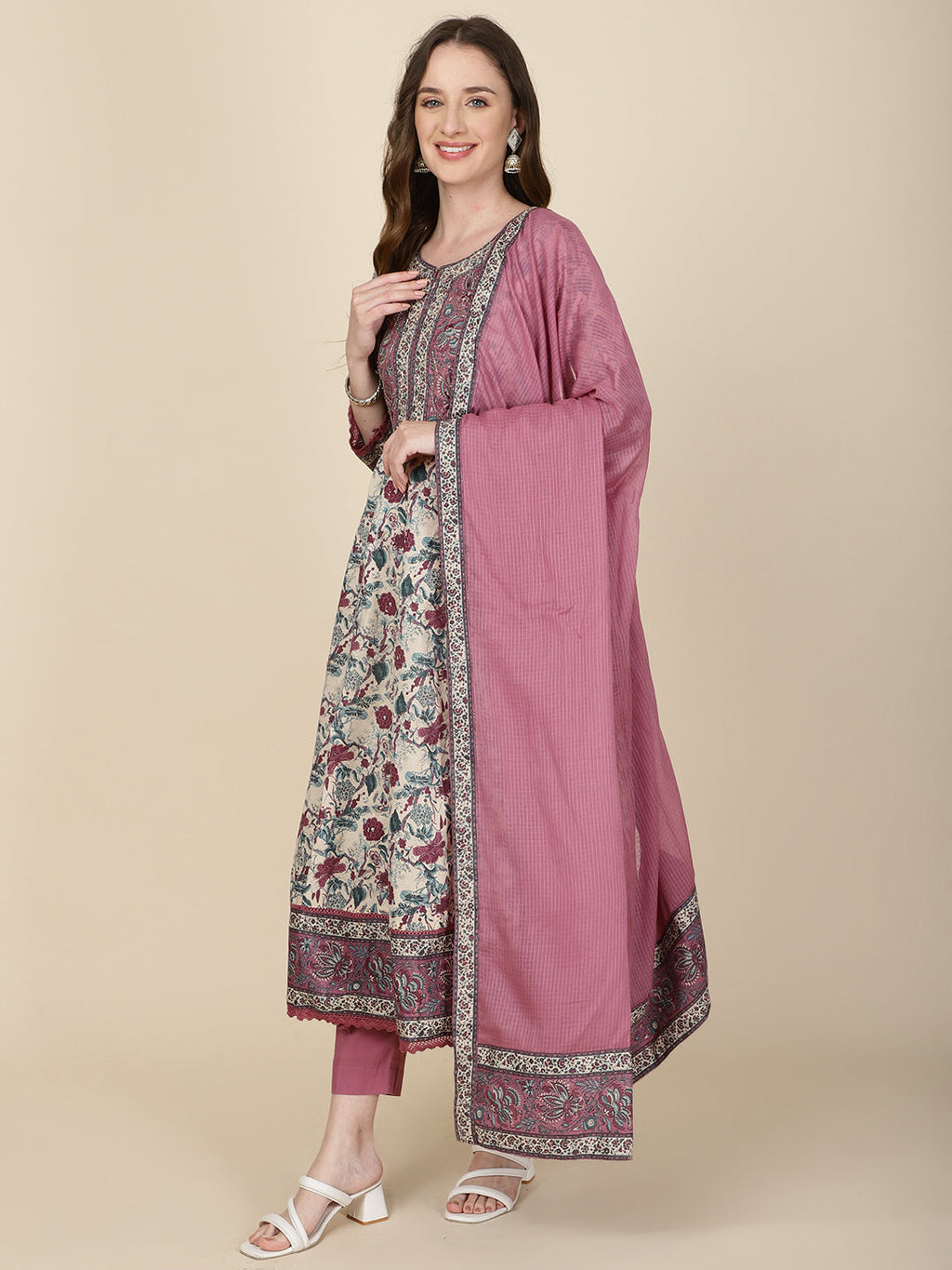 Floral Printed Cotton Kurta With Pants & Dupatta