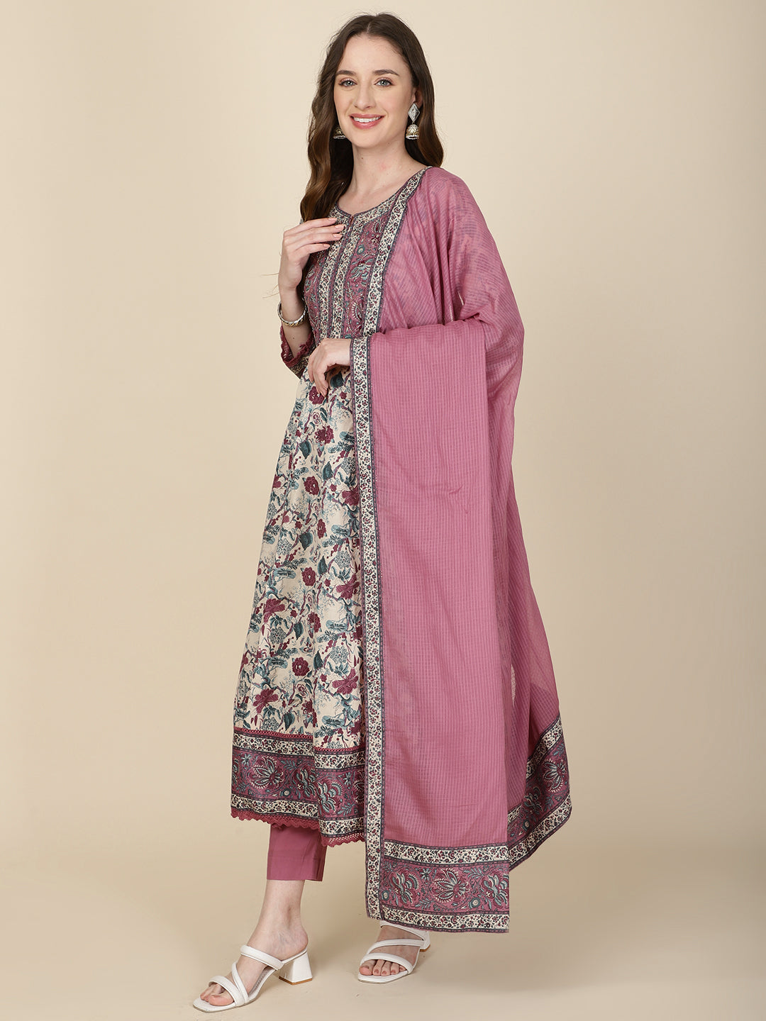 Floral Printed Cotton Kurta With Pants & Dupatta