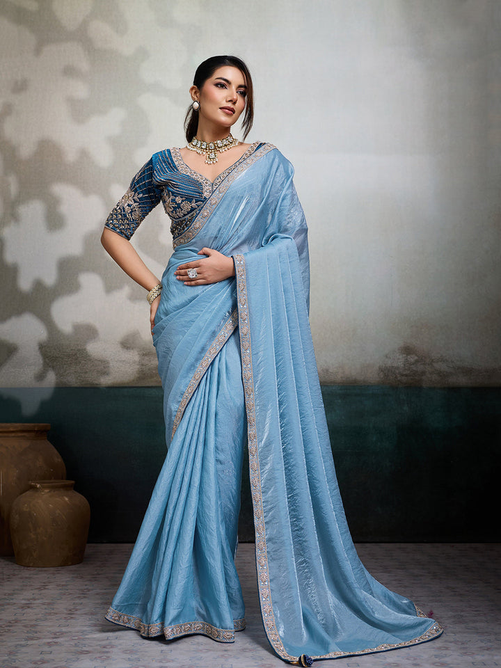 Embroidered Satin Saree With Readymade Blouse