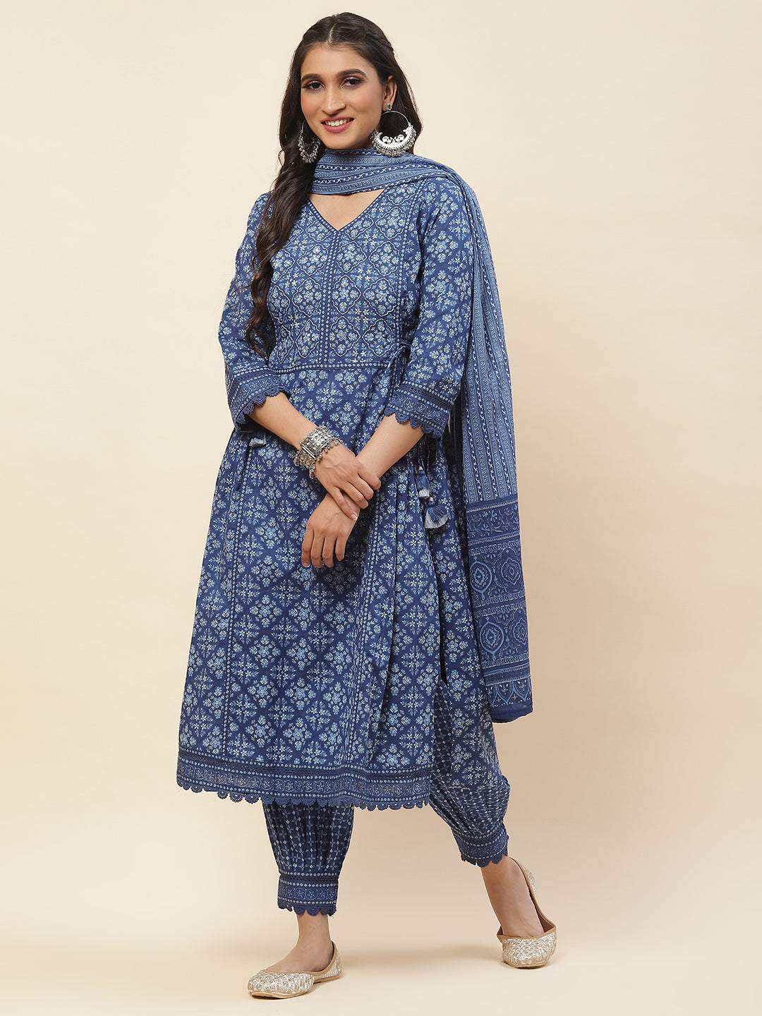 Printed Cotton Kurta With Pants &amp; Dupatta