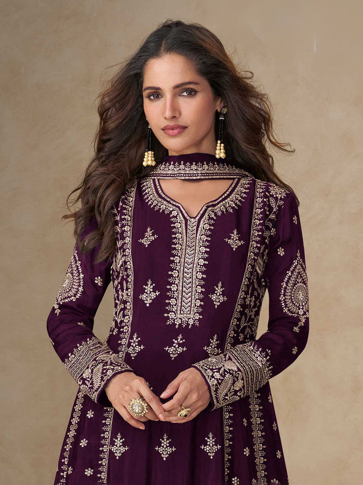 Embroidered Chinon Kurta With Pant &amp; Dupatta