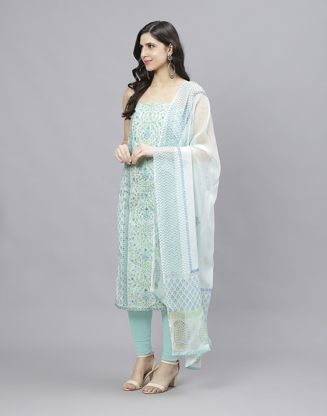 Printed Cotton Suit Piece With Chiffon Dupatta