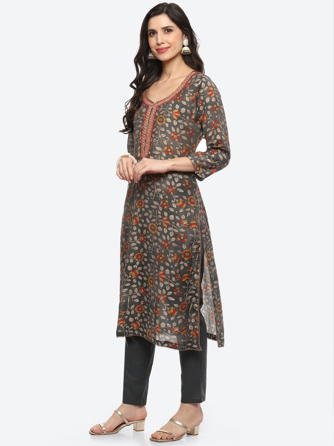 Sequin Yoke Printed Muslin Kurta With Pant
