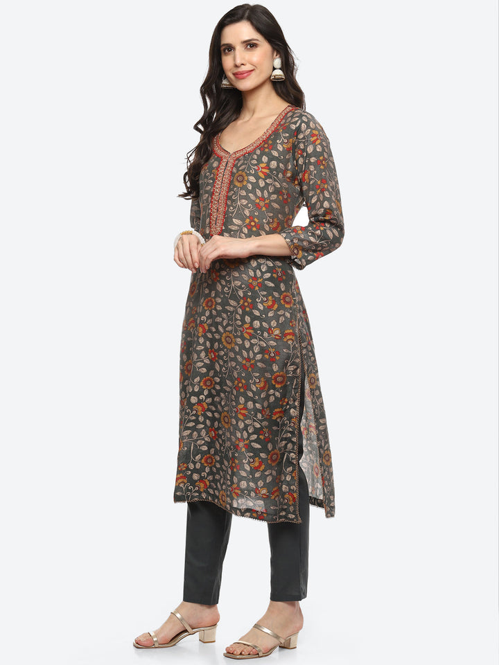 Sequin Yoke Printed Muslin Kurta With Pant