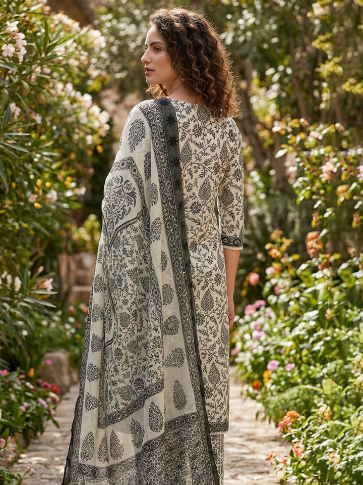 Printed Cotton Blend Suit With Pant &amp; Dupatta
