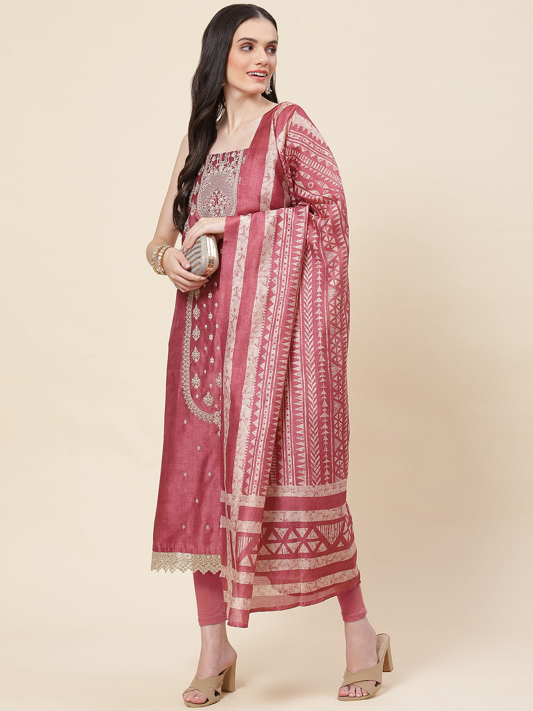 Embroidered Chanderi Unstitched Suit Piece With Dupatta