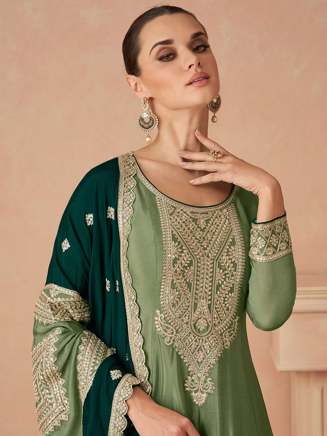 Embroidered Chinon Kurta With Pant &amp; Dupatta