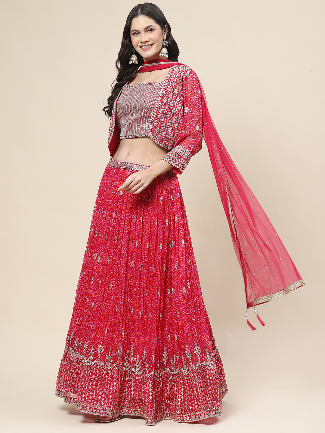Bandhani Print Georgette Choli With Jacket, Choli &amp; Dupatta