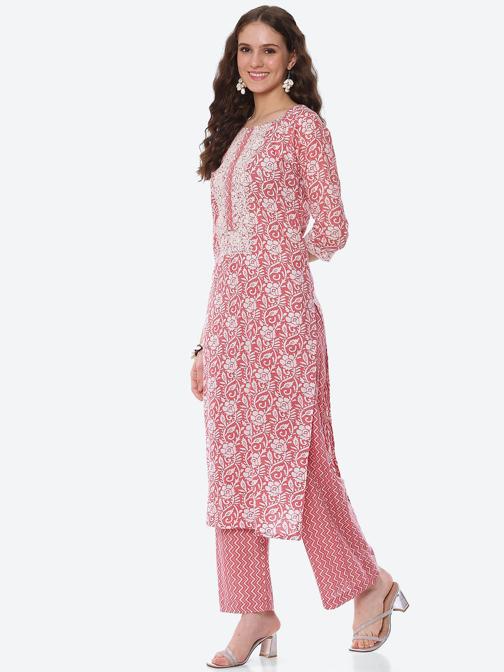 Neck Embroidered Printed Cotton Kurta With Palazzo