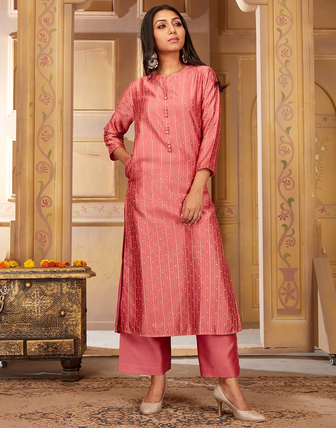 Straight Chanderi Cotton Kurta with Plazzo Pants