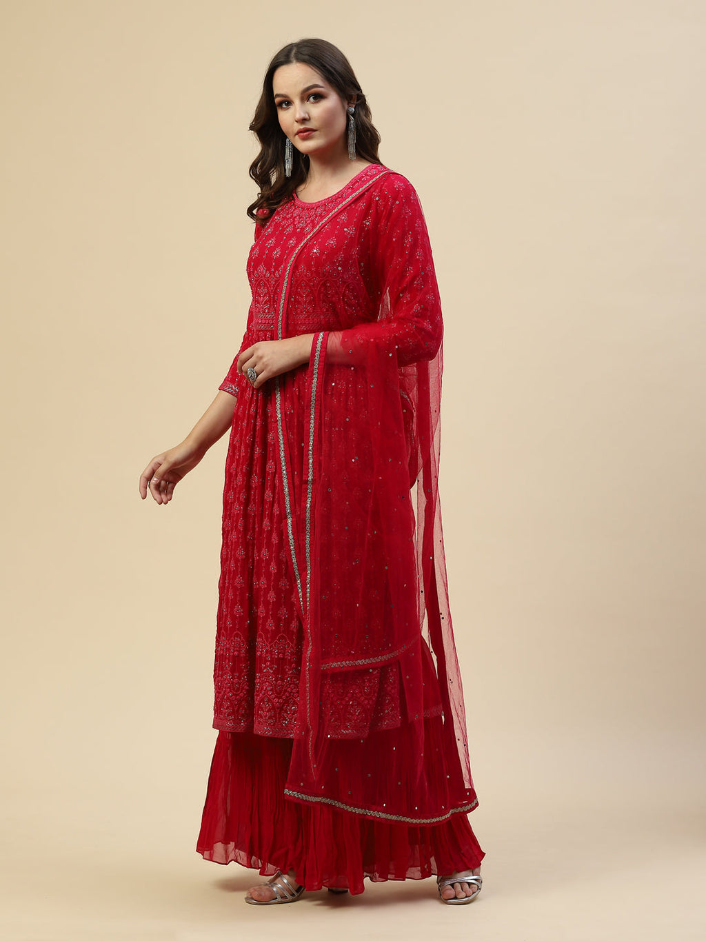 Embroidered Georgette Kurta With Palazzo & Dupatta