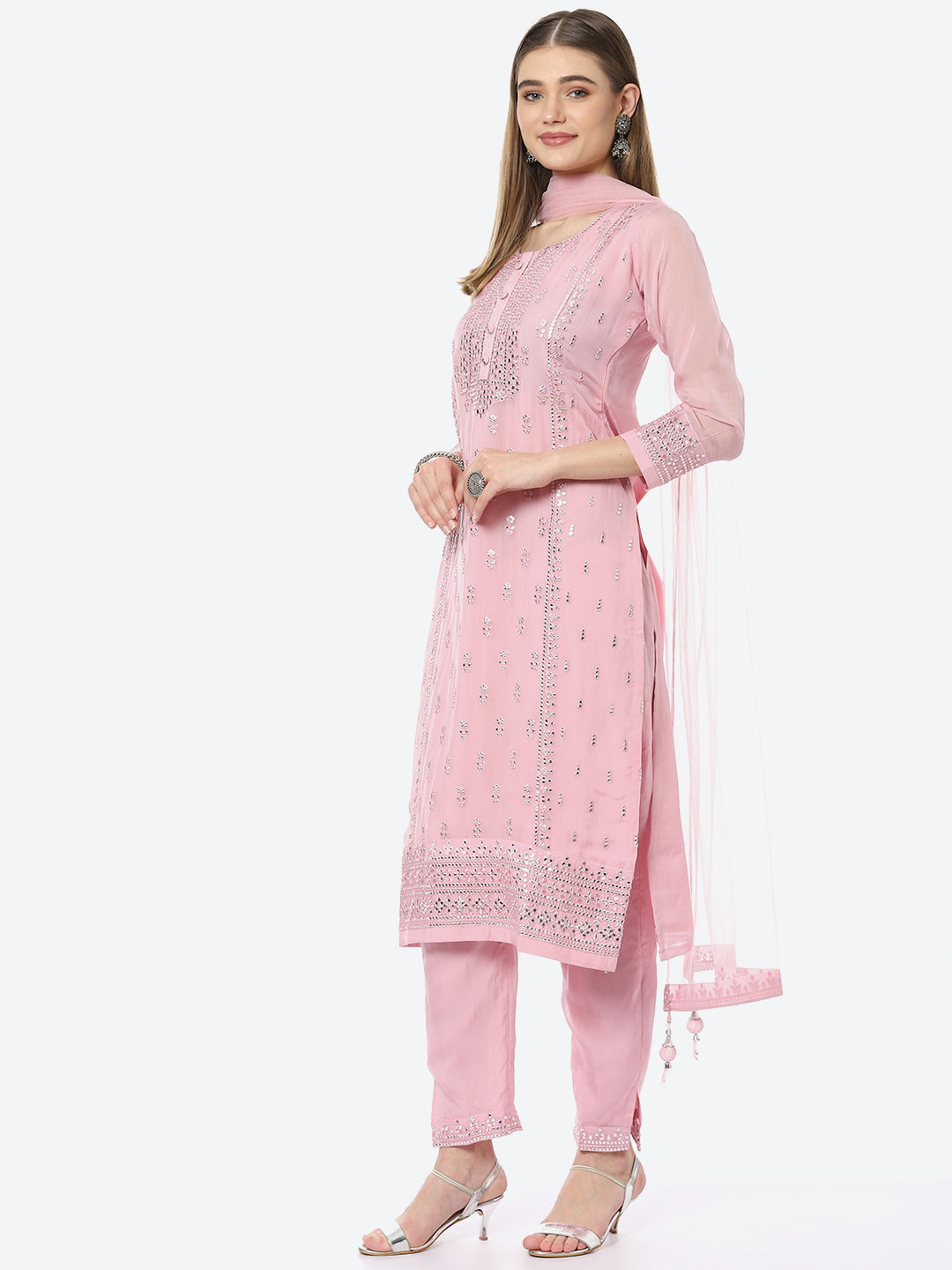 Resham Mirror Booti Organza Kurta With Pant &amp; Net Dupatta