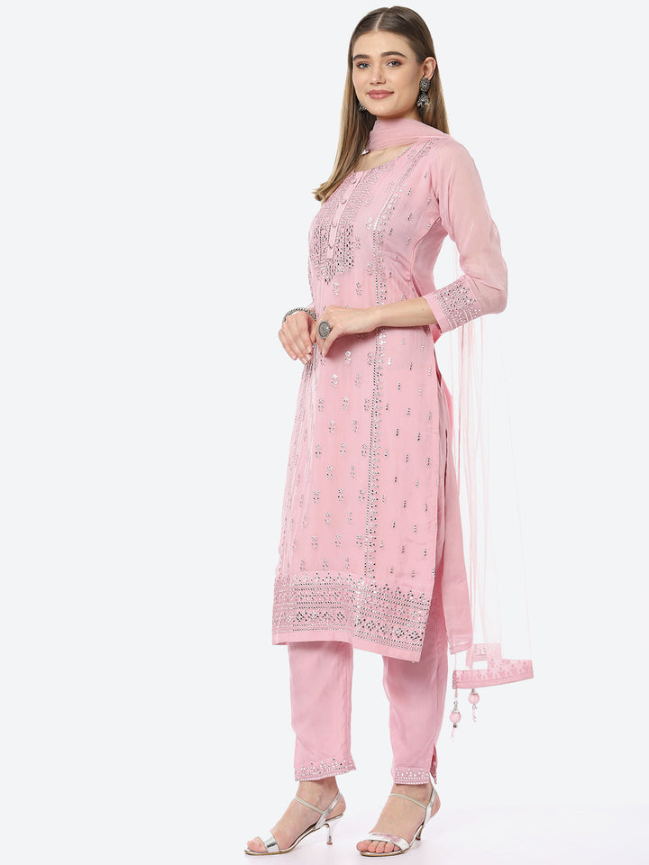 Resham Mirror Booti Organza Kurta With Pant &amp; Net Dupatta