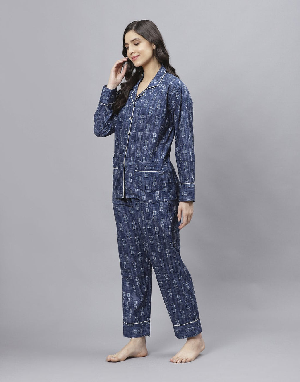 Navy Blue Cotton Printed Comfort Wear