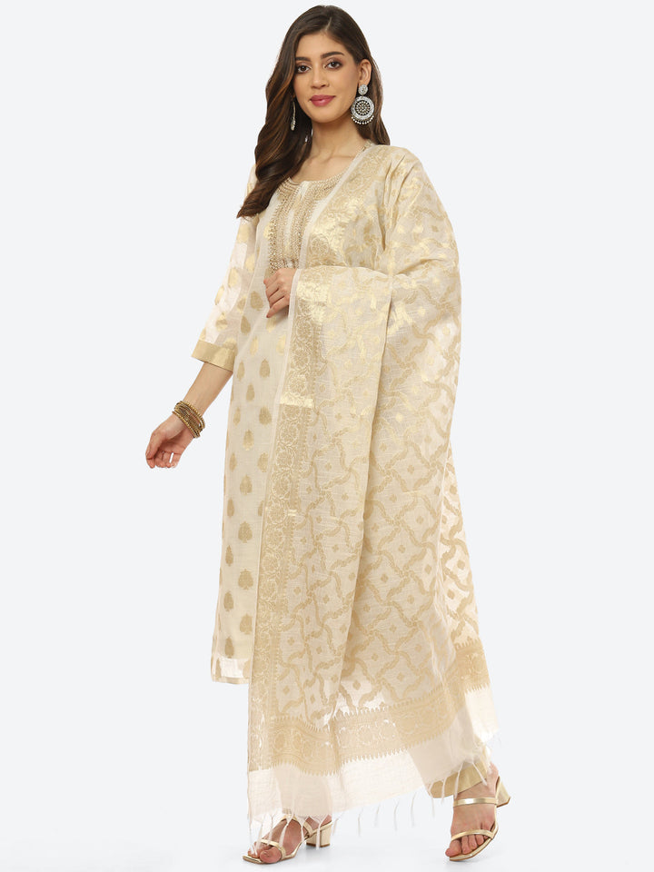 Resham Neck Booti Cotton kurta With Pant &amp; Dupatta