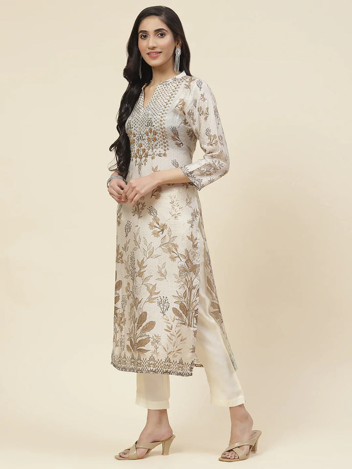 Printed With Yoke Embroidered Muslin Kurta