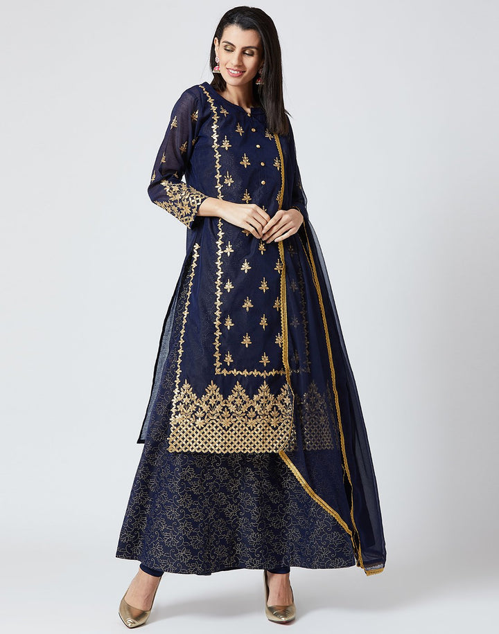 Navy Blue Cotton Chanderi Salwar Kameez