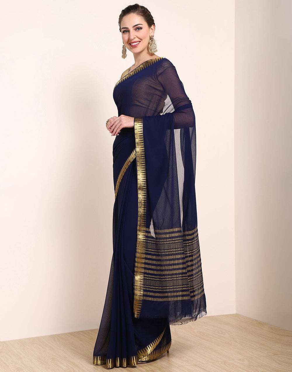 MBZ Meena Bazaar-Navy Blue Art Chiffon Saree
