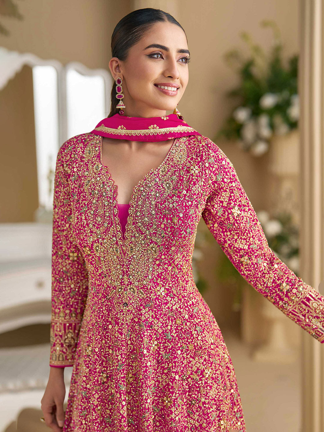 Embroidered Georgette A Line Dress With Dupatta