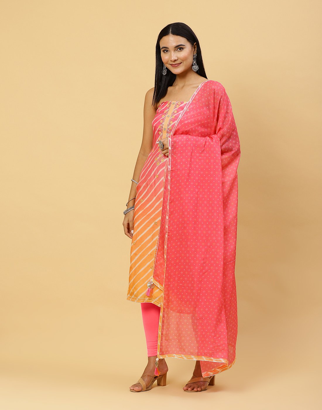 Printed Muslin Suit Piece With Organza Dupatta