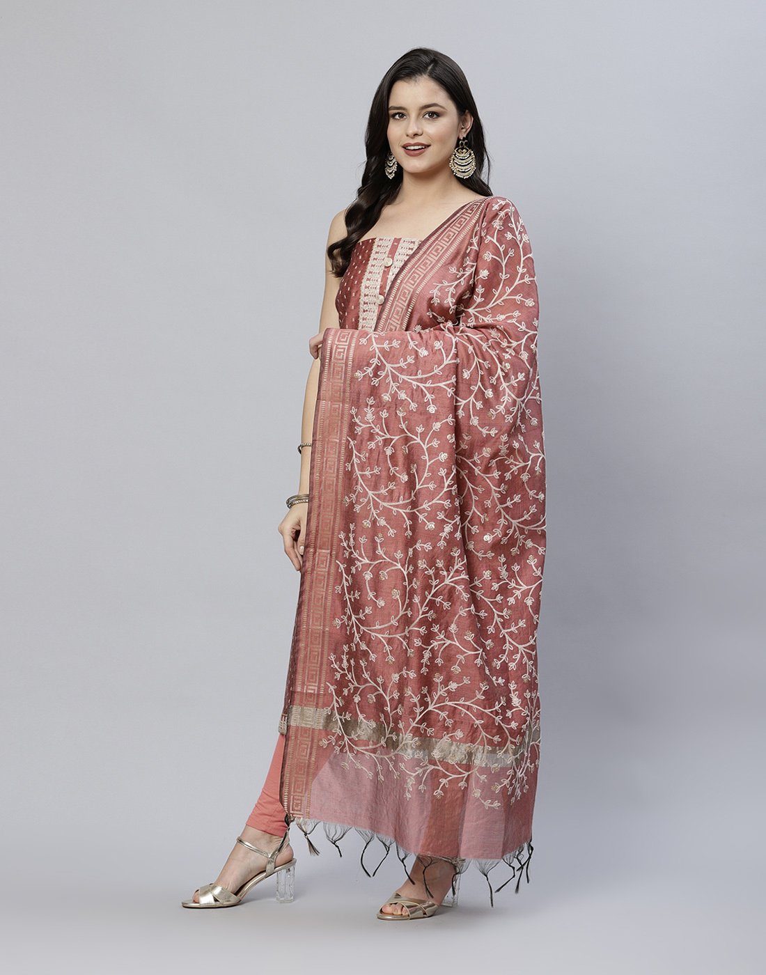 Chanderi Suit Piece With Embroidered Dupatta