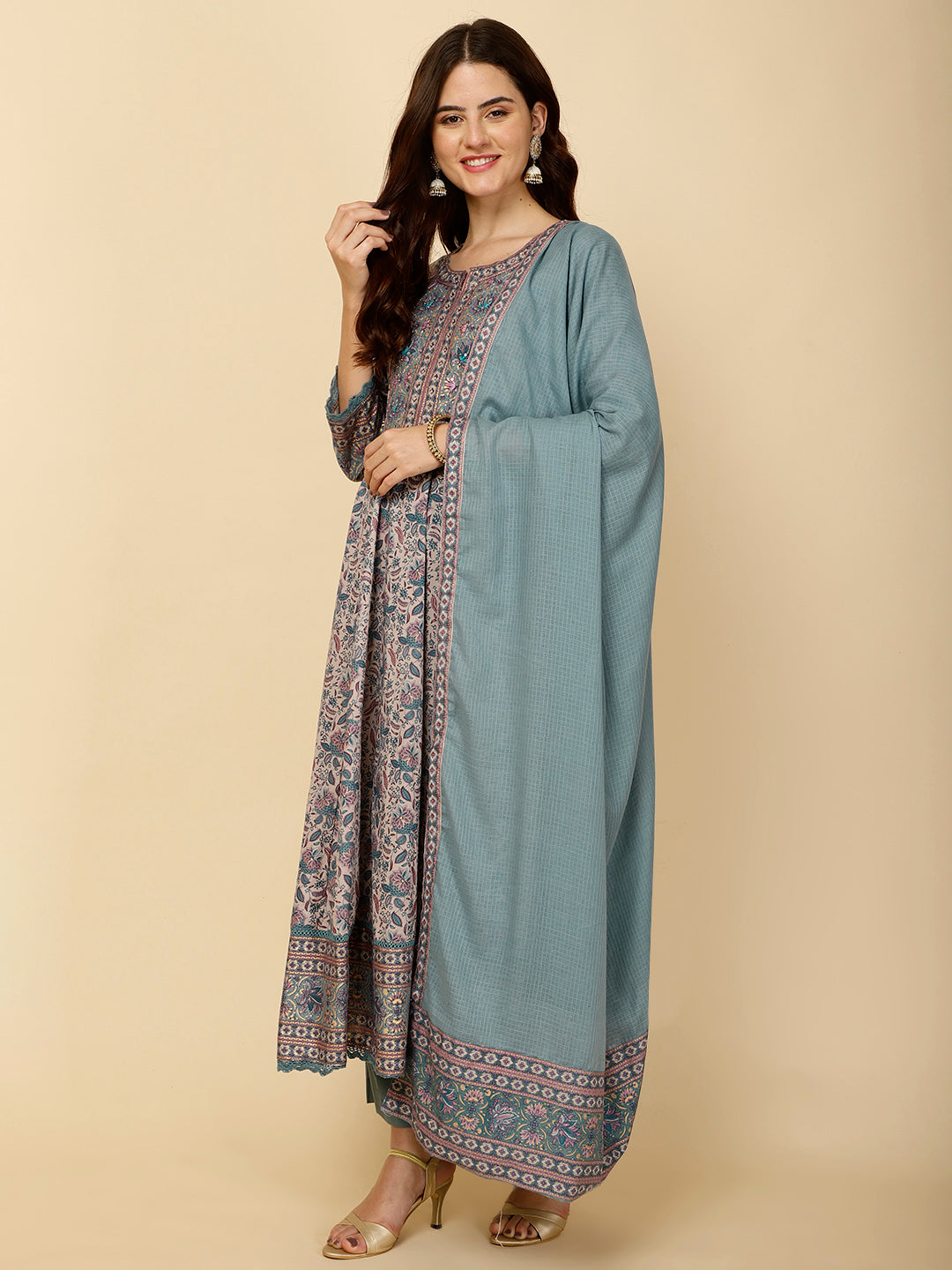 Floral Block Printed Anarkali Kurta With Pants &amp; Dupatta