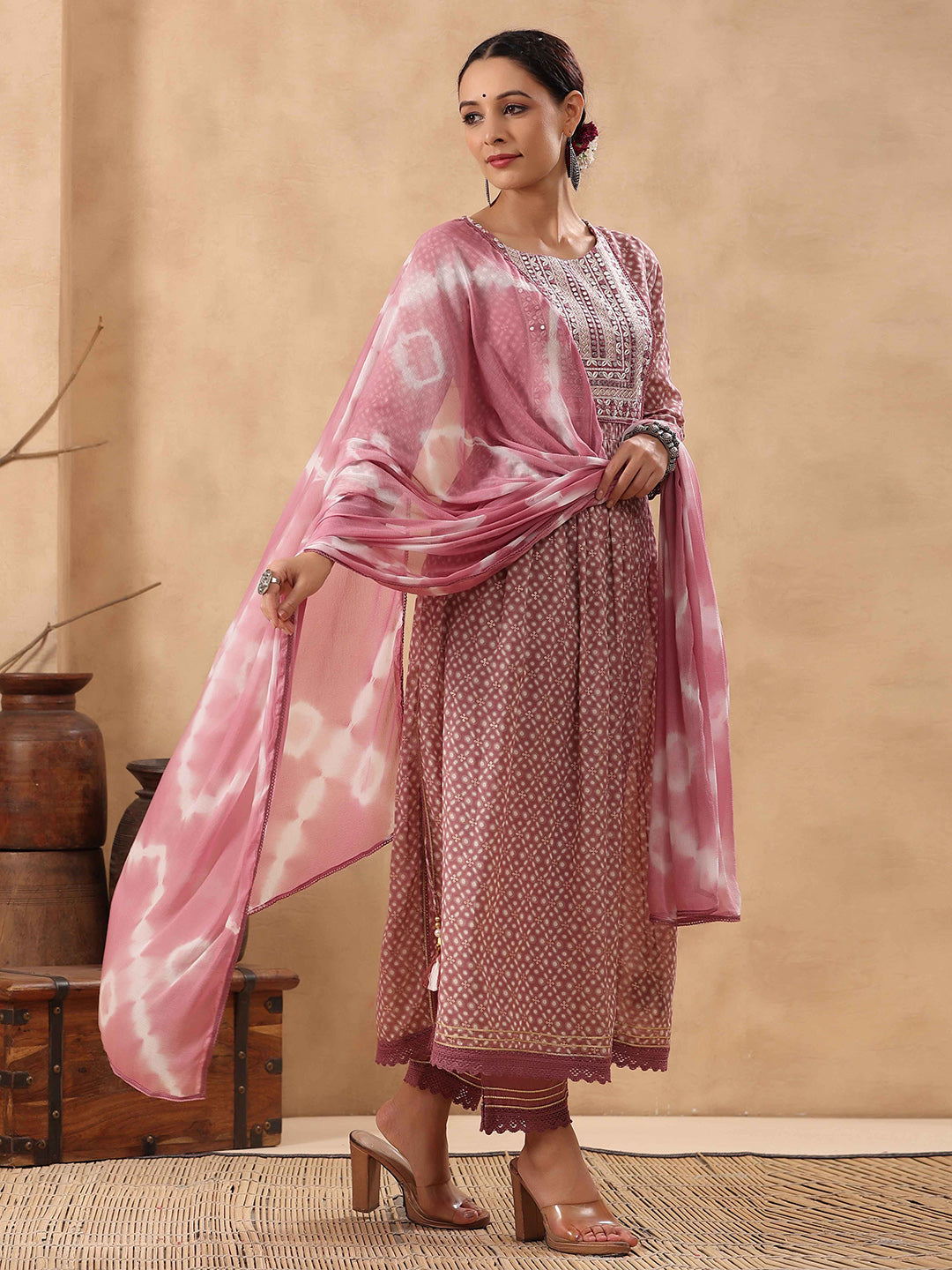 Block Printed Cotton Kurta With Pants & Dupatta