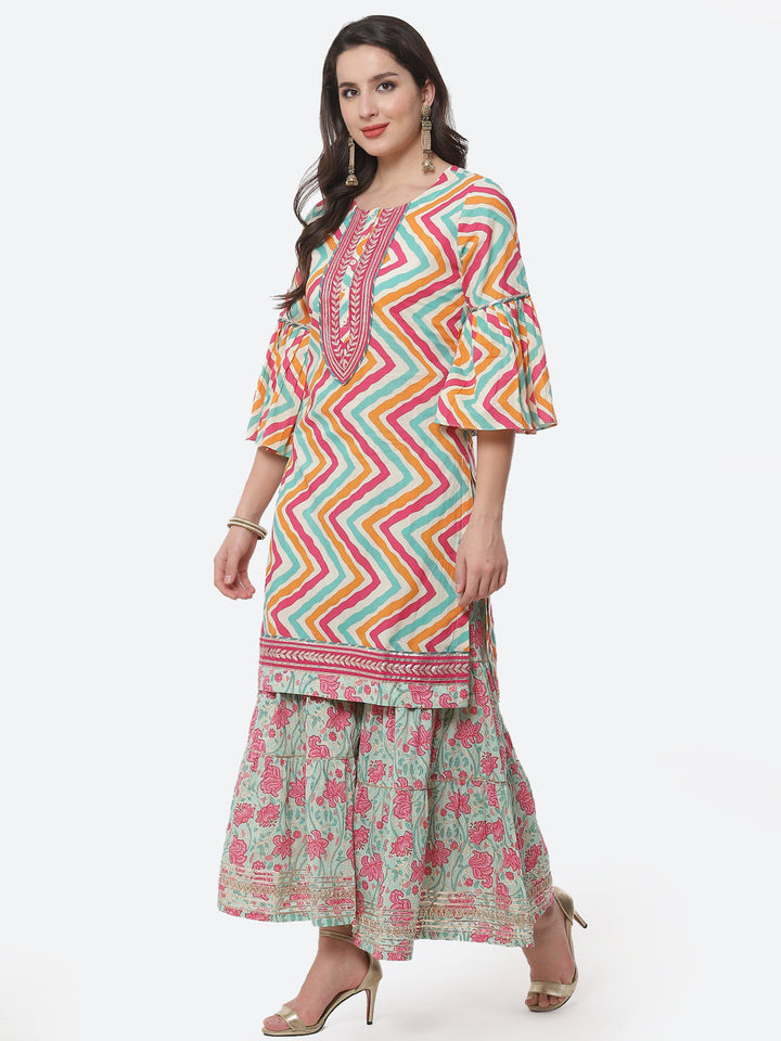 Leheriya Printed Gota Work Cotton Kurti With Sharara