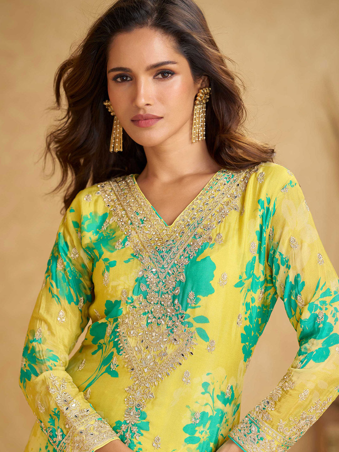 Embroidered Chinon Kurta With Plazzo &amp; Dupatta
