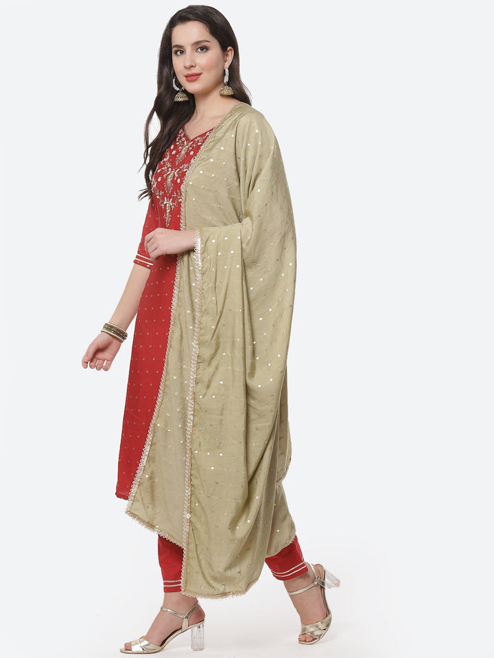 Embroidered Cotton Kurti With Pant And Dupatta