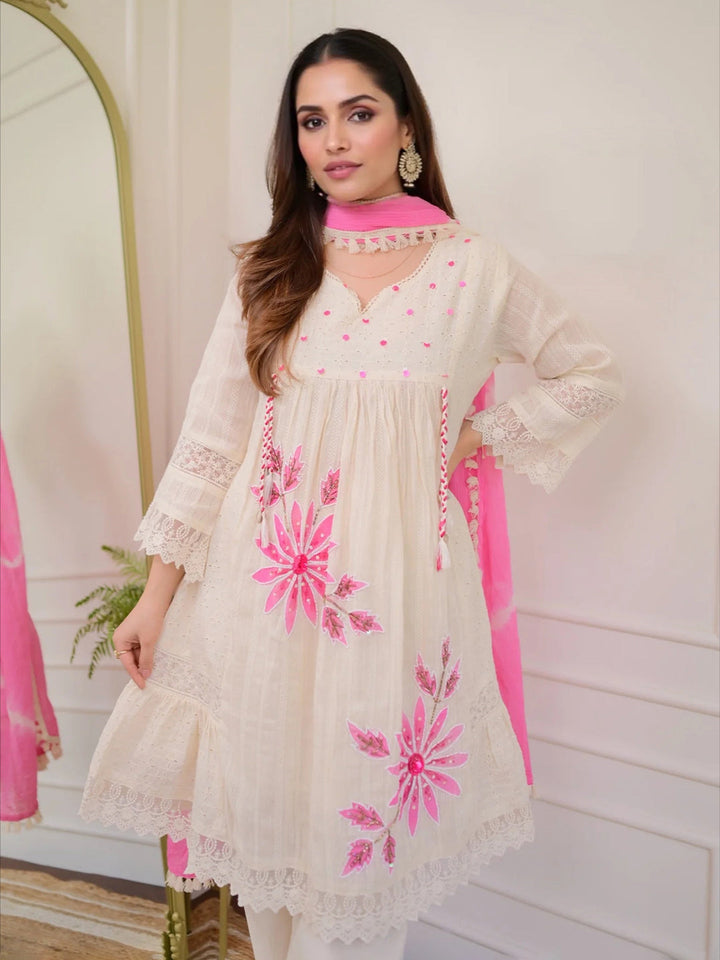 Embroidered Cotton Kurta With Pant &amp; Dupatta