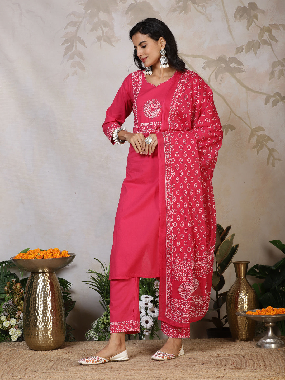 Printed Cotton Blend Kurta With Pants &amp; Dupatta