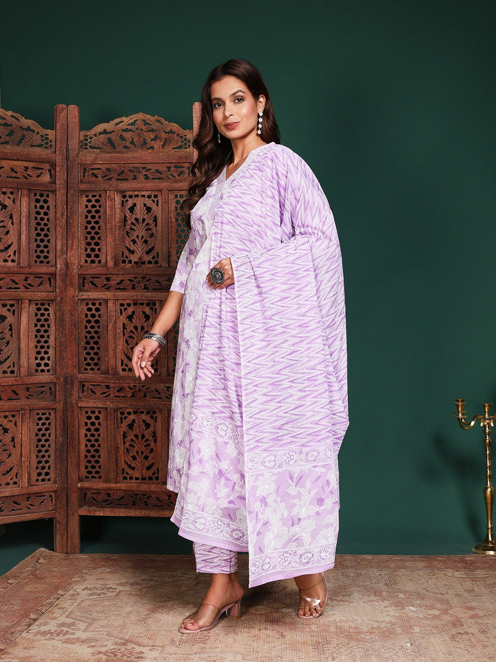 Printed Cotton Blend Kurta With Pant &amp; Dupatta