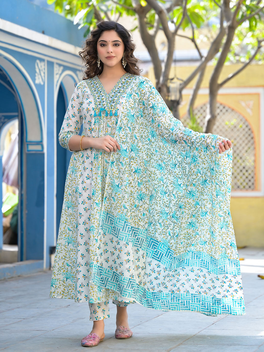 Printed Cotton Kurta With Pants &amp; Dupatta