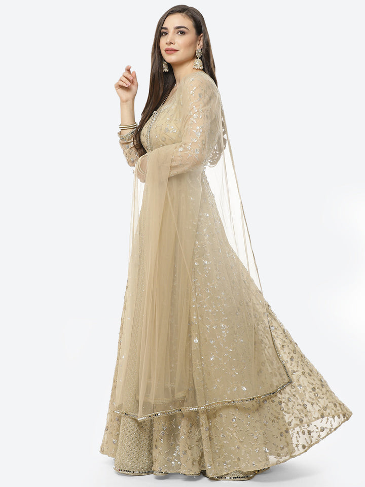 Embroidered Georgette Anarkali Kurti With Lehenga And Net Dupatta