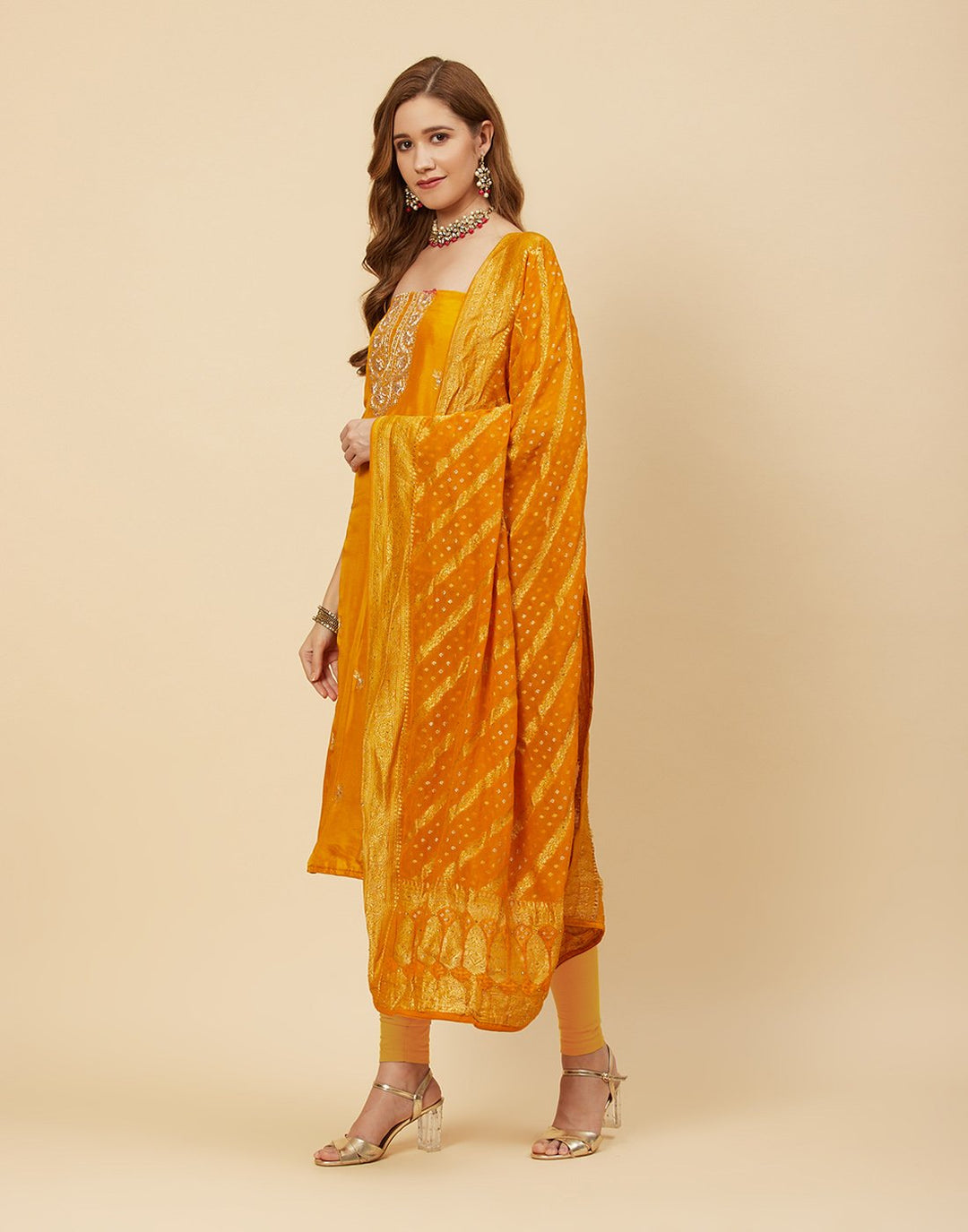 Embroidered Art Handloom Dupion Suit Piece With Bandhini Dupatta
