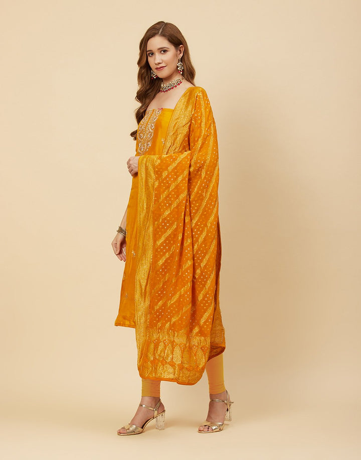 Embroidered Art Handloom Dupion Suit Piece With Bandhini Dupatta