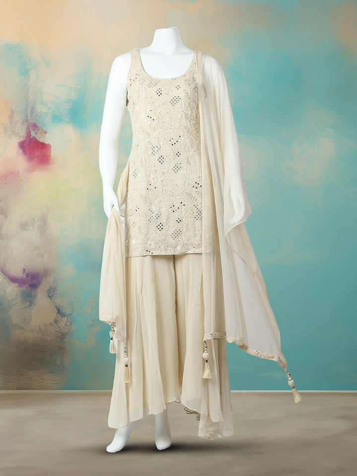 CutDana Embroidered Georgette Stitched Kurta With Sharara &amp; Dupatta