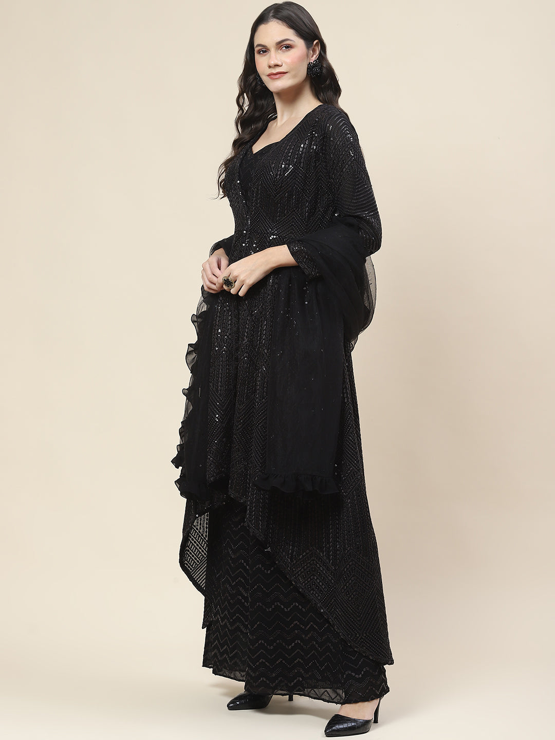 Sequin Embroidered Georgette Top Jacket With Palazzo &amp; Dupatta
