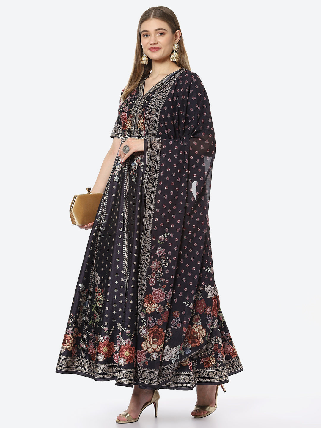 Digital Floral Printed Anarkali Kurta With Churidar &amp; Georgette Dupatta