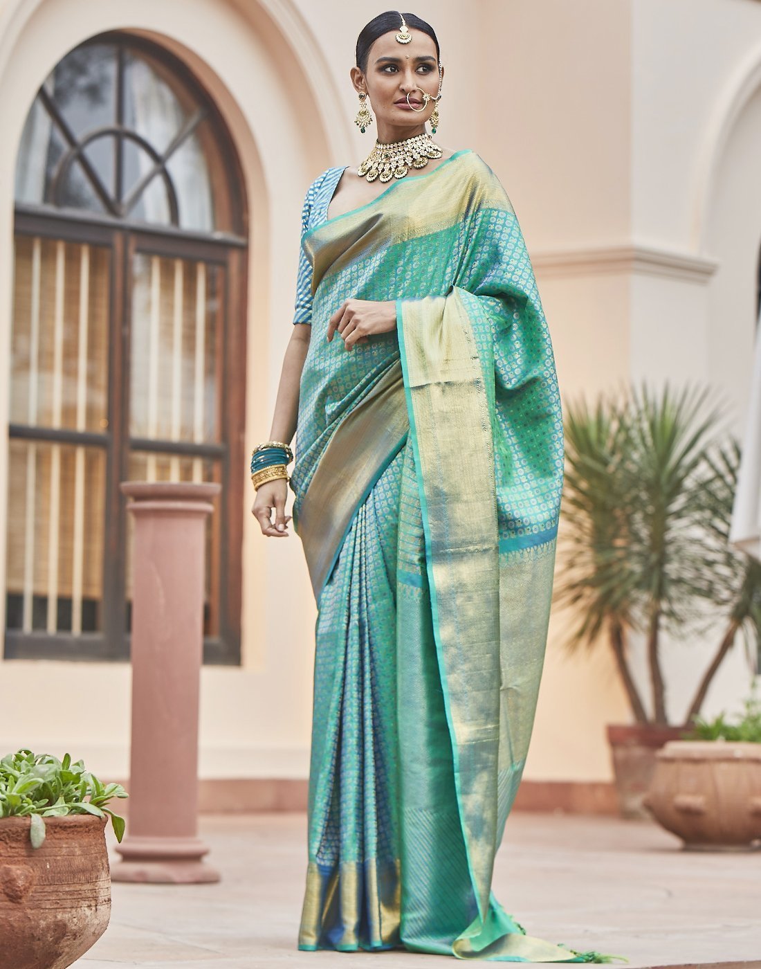 MBZ Meena Bazaar-Lake Blue Kanjivaram Saree