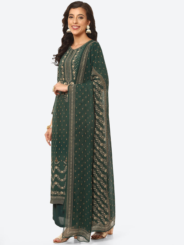 Floral Digital Printed Crepe Kurta With Palazzo &amp; Georgette Dupatta