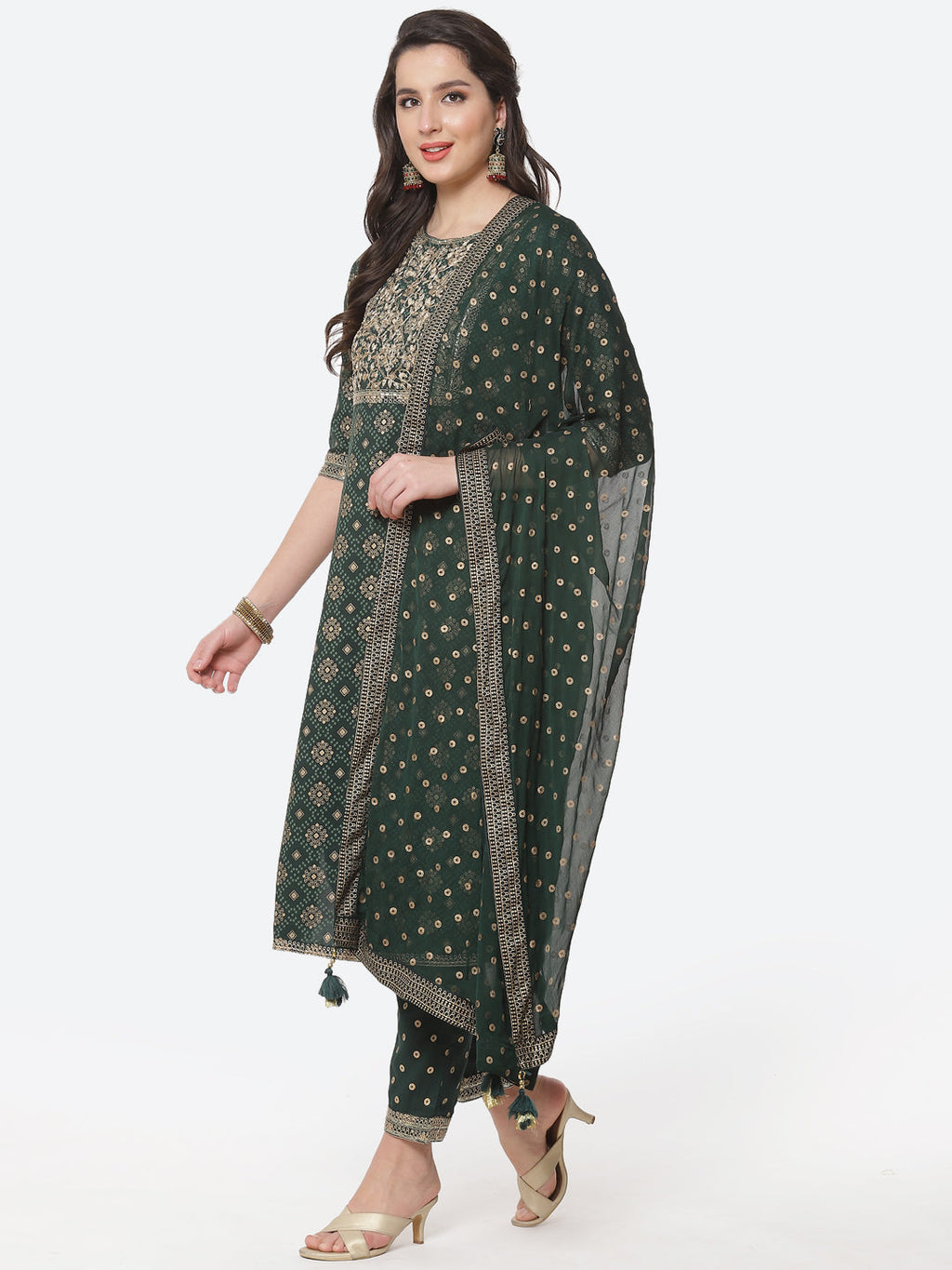 Zari Work Cotton Muslin Kurti Printed Pant And Dupatta