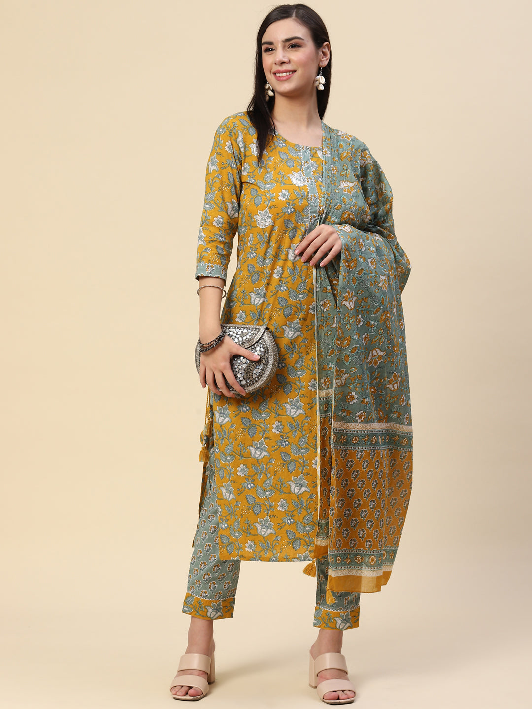 Block Printed Cotton Kurta With Pants &amp; Dupatta