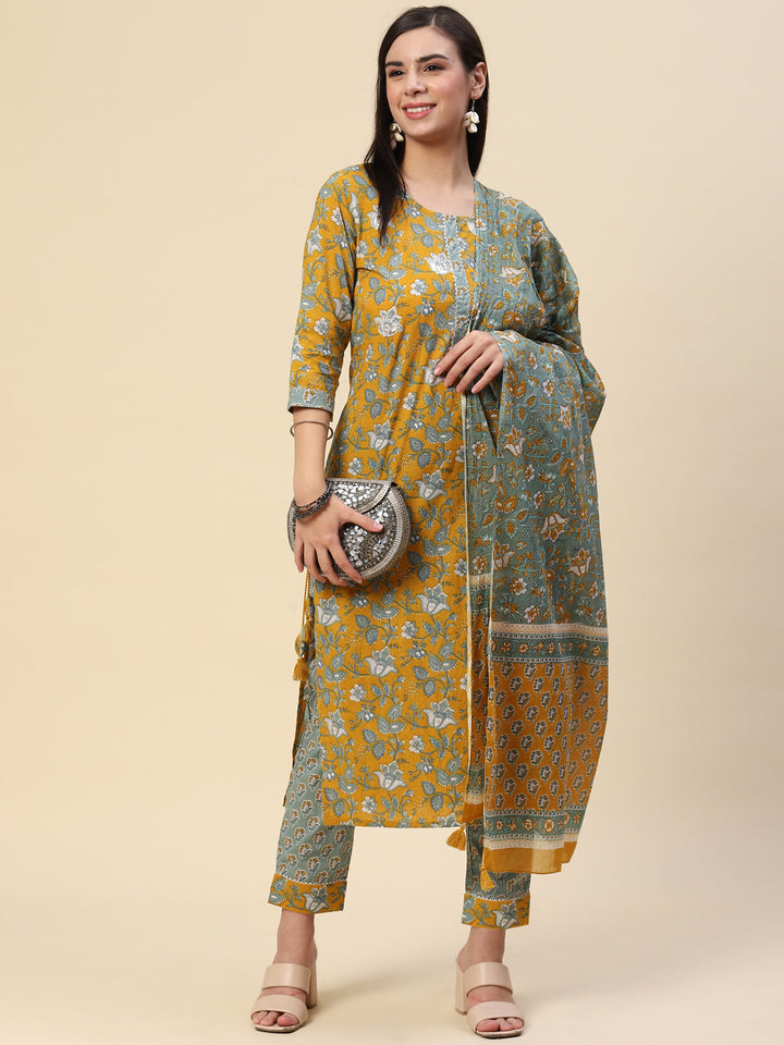 Block Printed Cotton Kurta With Pants &amp; Dupatta