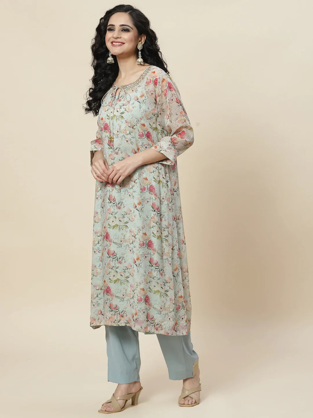 Floral Printed Organza Kurta With Palazzo &amp; Inner