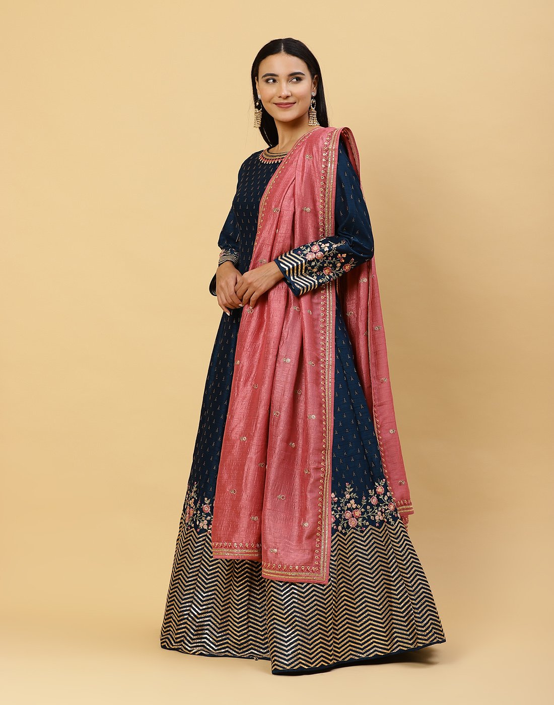 Embroidered Handloom Dupion Anarkali Salwar Kameez Stitched Suit With Art Silk Dupatta