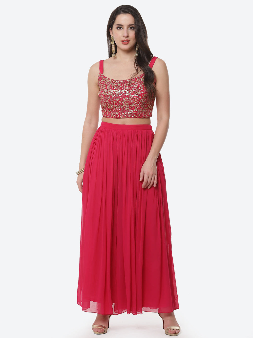 Embroidered Georgette Top With Pleated Palazzo & Jacket