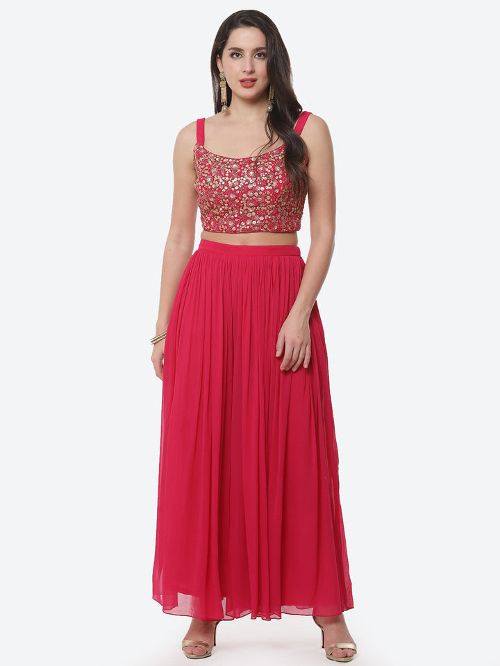 Embroidered Georgette Top With Pleated Palazzo &amp; Jacket