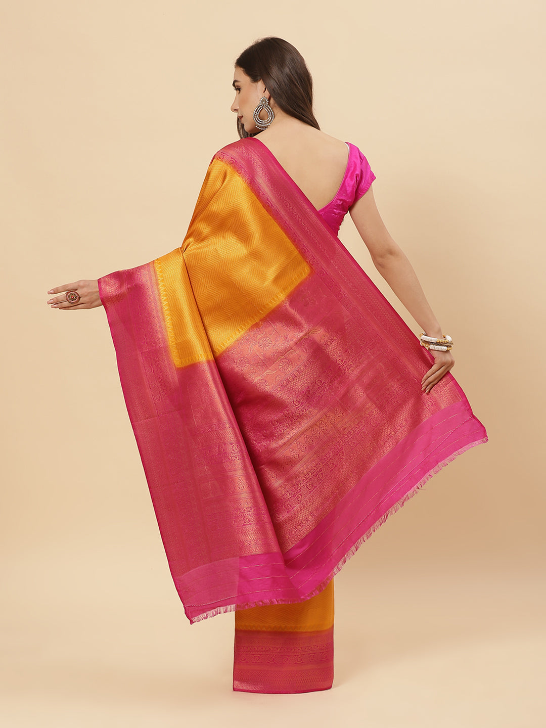Brocade Zari Jaal  Art Handloom Saree With Contrast Blouse